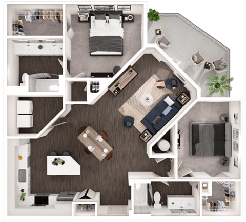Floor plan for 2 beds, 2 baths, 1222 sqft